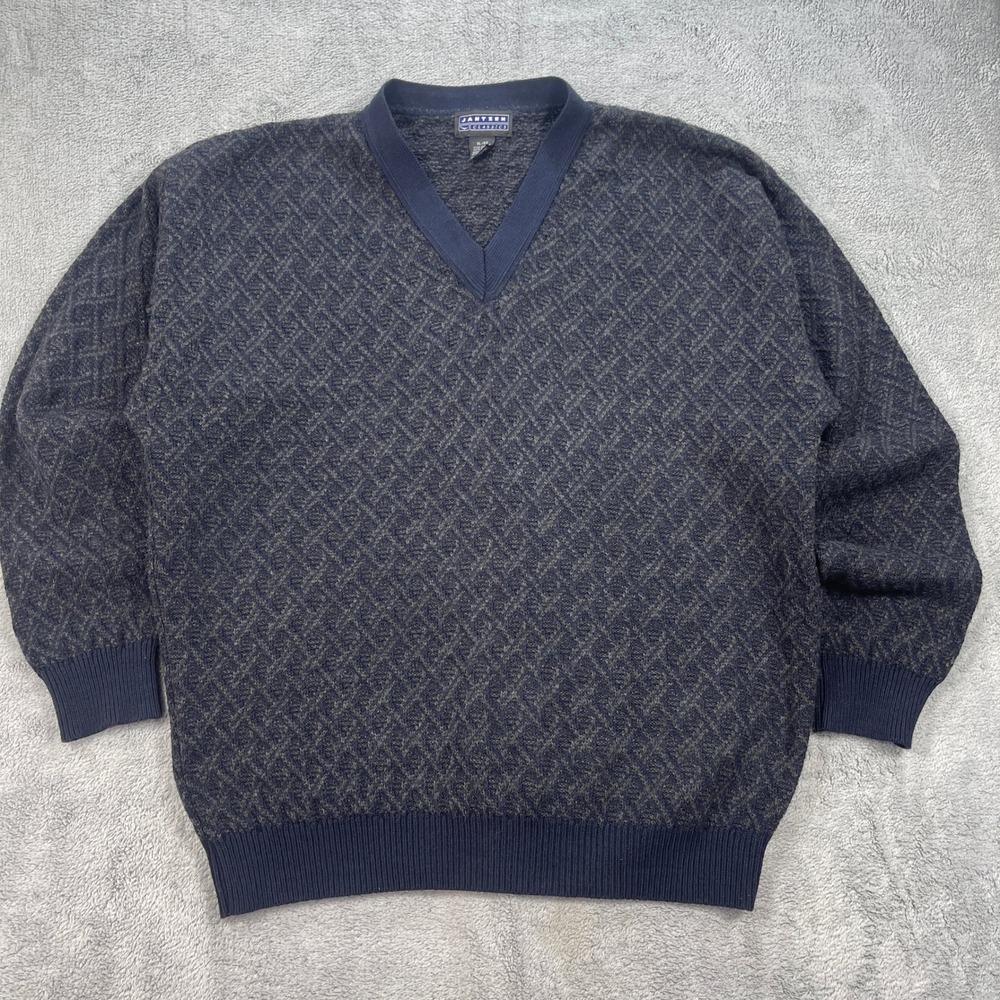 Jantzen Sweater Mens XL Blue Classics Diamond Knit V-Neck Pullover Textured